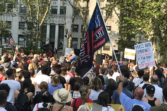 The group New York Teachers for Choice held a rally against vaccine mandates in Foley Square on Monday, September 13. Attendees included teachers and health care workers as well as others standing in solidarity.